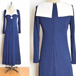 vintage 70s dress navy white sailor collar long sleeve maxi keyhole S disco